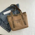 Grand sac fourre-tout en toile camel avec inscription Fashion Bag noire pour femme - Marron