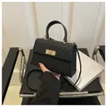 Elegant black woven texture small square bag with gold twist lock and top handle - Black