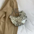 Silver sequin crescent shoulder bag with metallic chain strap for women fashion - Silver