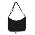 Sac hobo noir minimaliste en nylon avec bandoulière réglable et détails à cordon coulissant - Noir