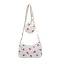 Minimalist corduroy shoulder bag set with cute strawberry pattern and small round pouch - White