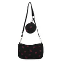 Black corduroy crossbody bag set with red strawberry print and round coin purse pouch - Black