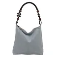 Light blue pleated tote bag featuring unique dark wood beaded shoulder strap and top zipper - Blue