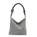 Silver shoulder bag with pleated texture and wooden bead handle decoration - Silver