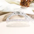 Detail of 9cm iridescent hair claw clip with white flowers and sparkling rhinestones - Medium (9cm) / Gray