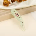 Fermaglio per capelli a banana verde chiaro con cristallo rosa e fiori in rilievo - Verde