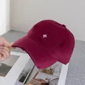Detail of distressed burgundy baseball cap with white embroidery and frayed edges - Adjustable / Burgundy