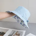 Detail showing blue wide brim sun hat with ribbon bow and floral lining pattern - Reversible / Double Sided Floral Style / Blue