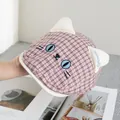Close-up of pink plaid newsboy hat featuring 3D cat ears and blue embroidery detail - Adjustable / Pink