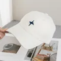 Detail der Kreuzstern-Stickerei auf einer weißen Baumwoll-Basecap mit feinen Nähten - Verstellbar / Beige