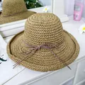 Foldable khaki straw sun hat with ribbon bow tie, perfect for summer beach travel - M(56-58cm) / Khaki