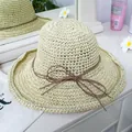 Foldable beige straw sun hat with large brim and brown bow decoration for beach travel - M(56-58cm) / Beige