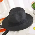 Classic black straw fedora sun hat with a matching decorative ribbon for summer beach trips - M (56-58cm) / Black