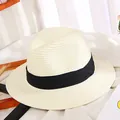 Chic cream woven straw sun hat with black ribbon band for women's summer beach vacation - M (56-58cm) / Ivory