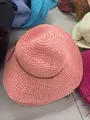 Foldable pink woven straw sun hat with brown string accent and wide brim for women - M(56-58cm) / Bright Pink