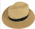 Summer Panama straw hat in light brown with a classic black decorative ribbon - M (56-58cm) / Khaki (Square Buckle Band)