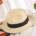 Classic cream wide-brim straw sun hat with black ribbon detail for summer vacations - M (56-58cm) / Beige