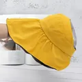 Detail of yellow sun hat with large brim, black lining and clear protective face shield - Yellow