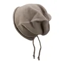 Slouchy brown knit beanie with drawstring ties and rolled edge for men and women - M / Khaki