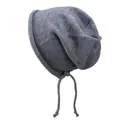 Close-up of grey knitted kid's beanie with ear flaps and drawstrings on white background - M / Gray