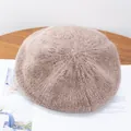 Close-up of soft mohair knit texture on an oatmeal warm wool beret for women - M (56-58cm) / Khaki