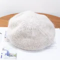 Detail of plush mohair knit texture on a soft beige beret hat for autumn and winter - M (56-58cm) / Beige