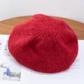 Macro detail of red mohair knit beret showing soft fluffy texture and woven pattern - M (56-58cm) / Red