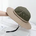 Detail of adjustable windproof drawstring and metal eyelet on wide brim sun hat - M(56-58cm) / Army Green Top Khaki Brim