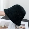 Close-up of black fluffy bucket hat in rabbit fur texture for winter warmth - Adjustable / Black