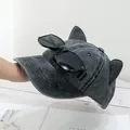 Detail of dark grey cat ear baseball cap with decorative sunglasses and triple-stitched brim - Cat Ear & Sunglasses Style / Cat Ear & Sunglasses - Black