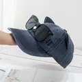 Detailed view of navy blue denim cat ear baseball cap with integrated pilot sunglasses - Cat Ear & Sunglasses Style / Cat Ear & Sunglasses - Navy