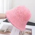 Detailed close-up of soft pink faux rabbit fur bucket hat with fluffy plush texture - Adjustable / Pink