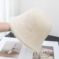 Detailed view of plush cream faux rabbit fur bucket hat with soft fluffy texture - Adjustable / Beige