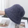 Detailed view of plush long rabbit fur texture on a dark purple knit bucket hat - Adjustable / Dark Gray