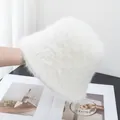 Close-up of white plush faux rabbit fur bucket hat showing soft texture and thick material - Adjustable / White