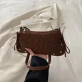 Vintage leopard print shoulder bag with suede texture and silver stud accents - Brown