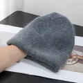 Detailed view of dark grey plush rabbit fur knit beanie showing fuzzy texture and thick cuff - Dark Gray