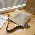 Woven straw tote bag in creamy white with black and white houndstooth knotted strap - Off White