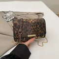 Chic leopard print crossbody square bag with golden chain strap and metallic buckle - Dark Brown Leopard