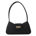 Minimalist black baguette shoulder bag with grain texture and golden metal lock - Black