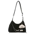 Grande borsa a mezzaluna in camoscio nero con catena argento e ciondolo a nuvola soffice - senza ciondolo / Nero