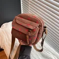 Brown corduroy crossbody bag with red strawberry pattern and adjustable strap - Brown