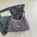 Lavender crescent shoulder bag with pearl chains and tassel zippers in a casual style - No Pendant / Purple