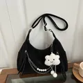 Black crescent crossbody bag with silver chains, pearls and cloud plush charm - With Pendant / Black