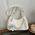 White hobo shoulder bag with double metal chains and large pearl decor - With Pendant / White