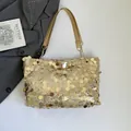 Goldene Pailletten-Einkaufstasche mit großen Pailletten und Leder-Kettenschultergurt - Gold