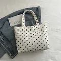 Off-white corduroy tote bag with brown polka dots and integrated top handles - White