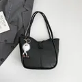 Minimalist black matte leather tote bag with monster plush charm and dual straps - With Pendant / Black