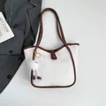 Chic cream white PU tote bag with brown trim and cute plush charm for commute - With Pendant / White