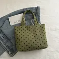 Olive green corduroy tote bag with dark brown polka dots and wide double handles - Green